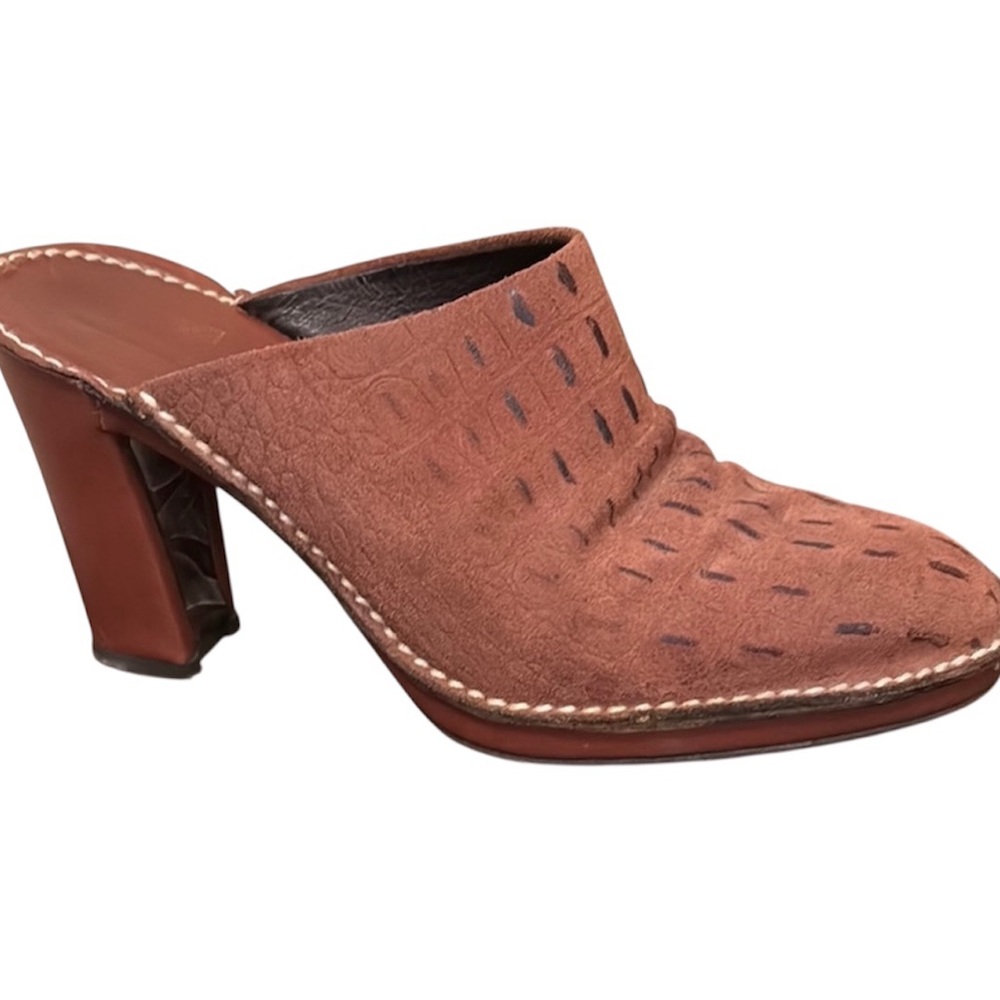 Donald J. Pliner Brown Suede Mules with Chunky Heel and Perforated Design 7.5